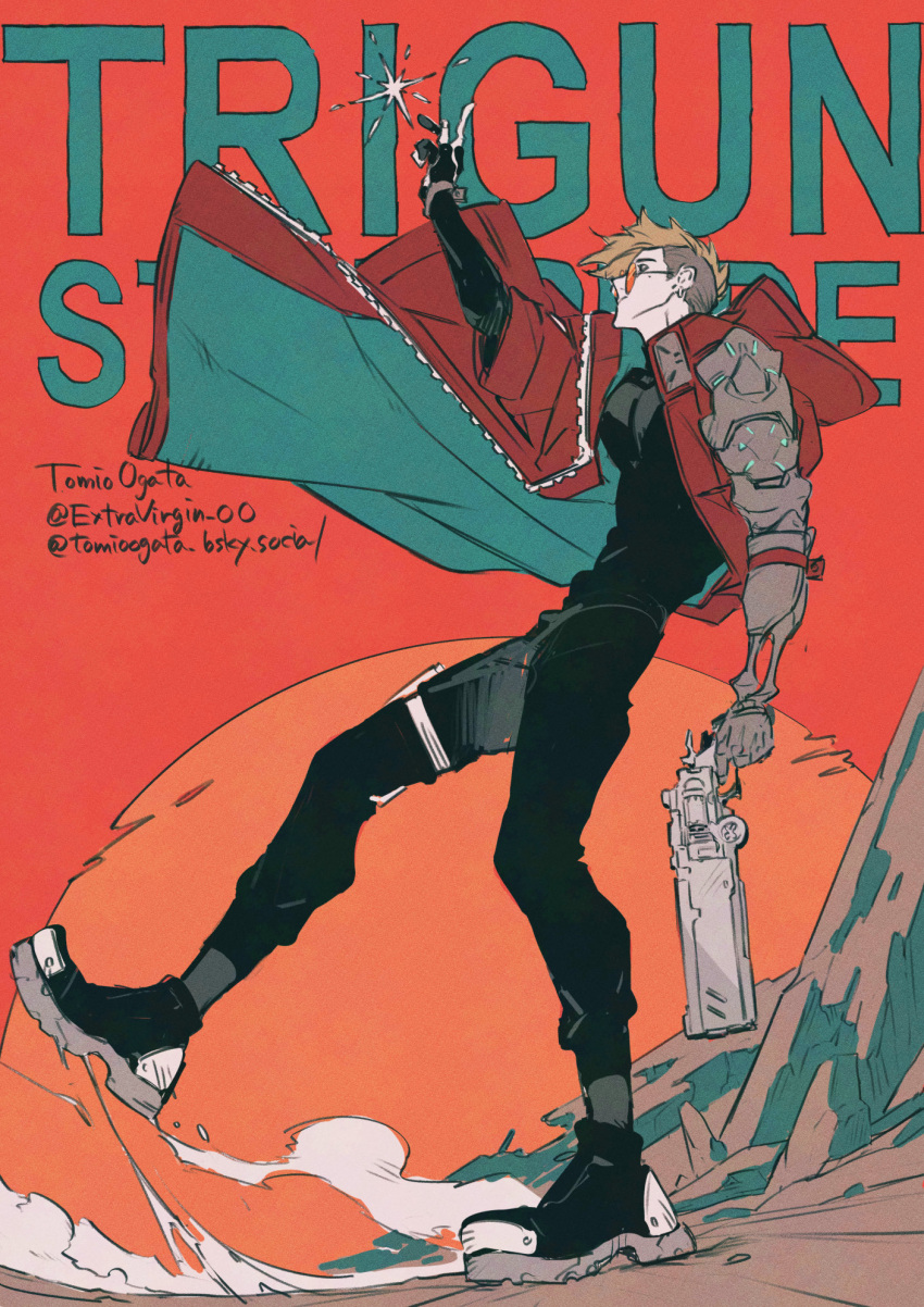 1boy, arm_up, black_pants, black_shirt, black_shoes, blonde_hair, blue_coat, coat