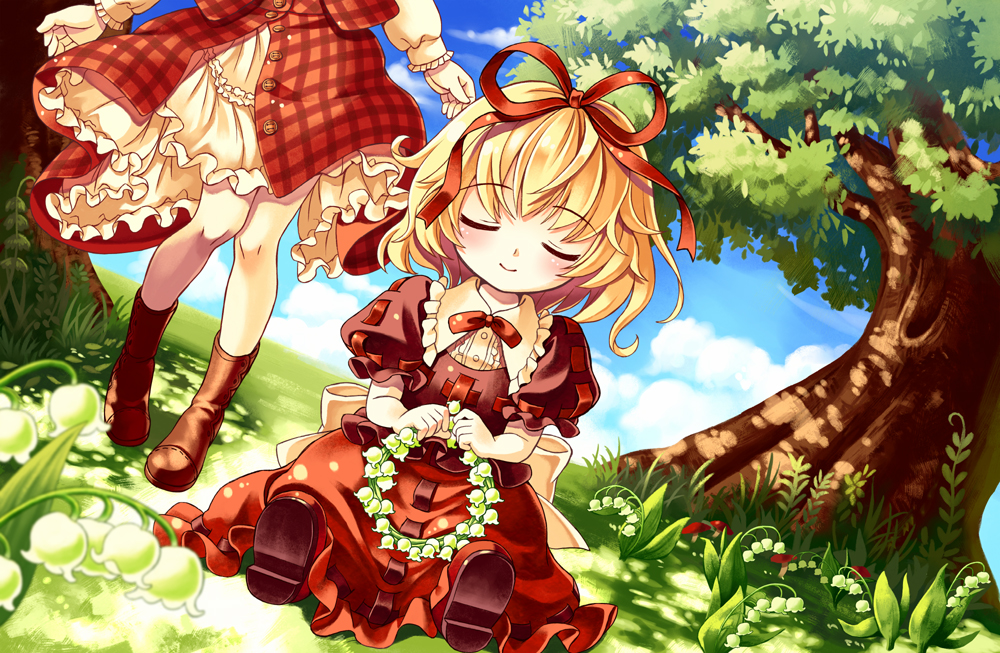 blonde_hair, blush, boots, child, closed_eyes, douji, dress, eyes_closed