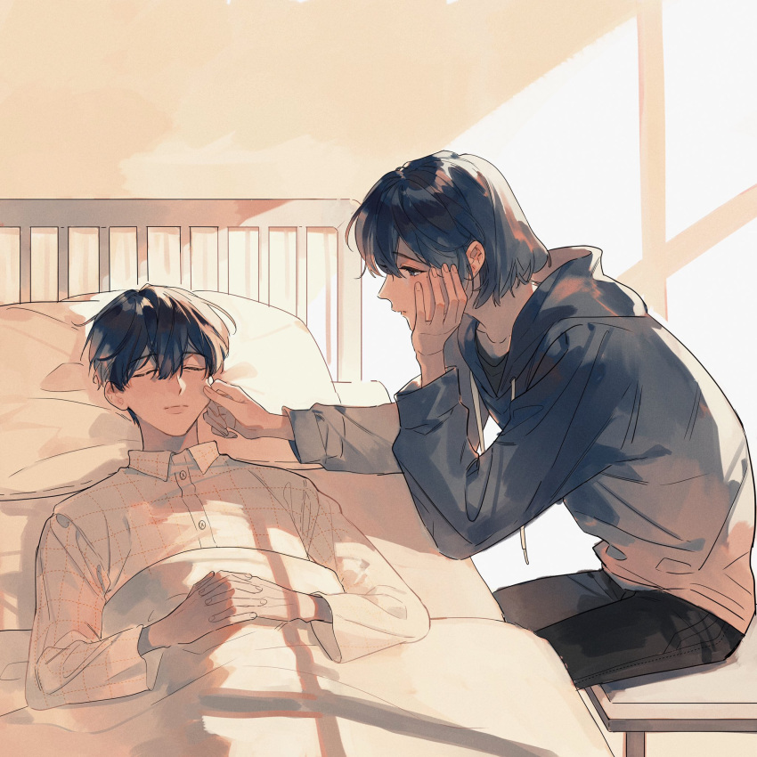 1boy, 1girl, black_hair, black_shirt, bob_cut, cheek_pinching, collared_shirt, grey_hoodie