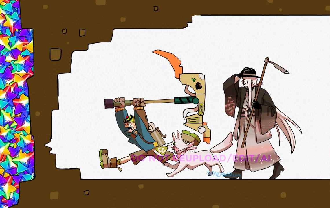 1boy, 1girl, @_@, black_gloves, brown_gloves, brown_shorts, digging_for_diamonds_(meme), dog