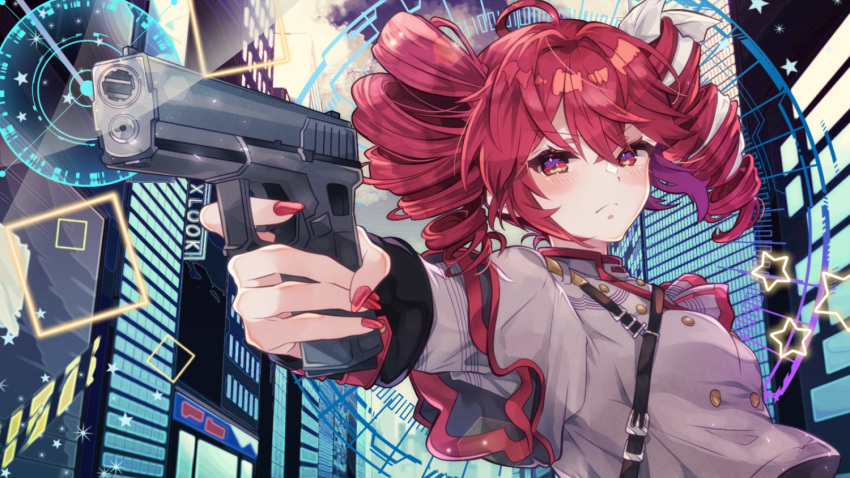 1girl, aiming, bow, buttons, circle, city_lights, closed_mouth, commentary_request