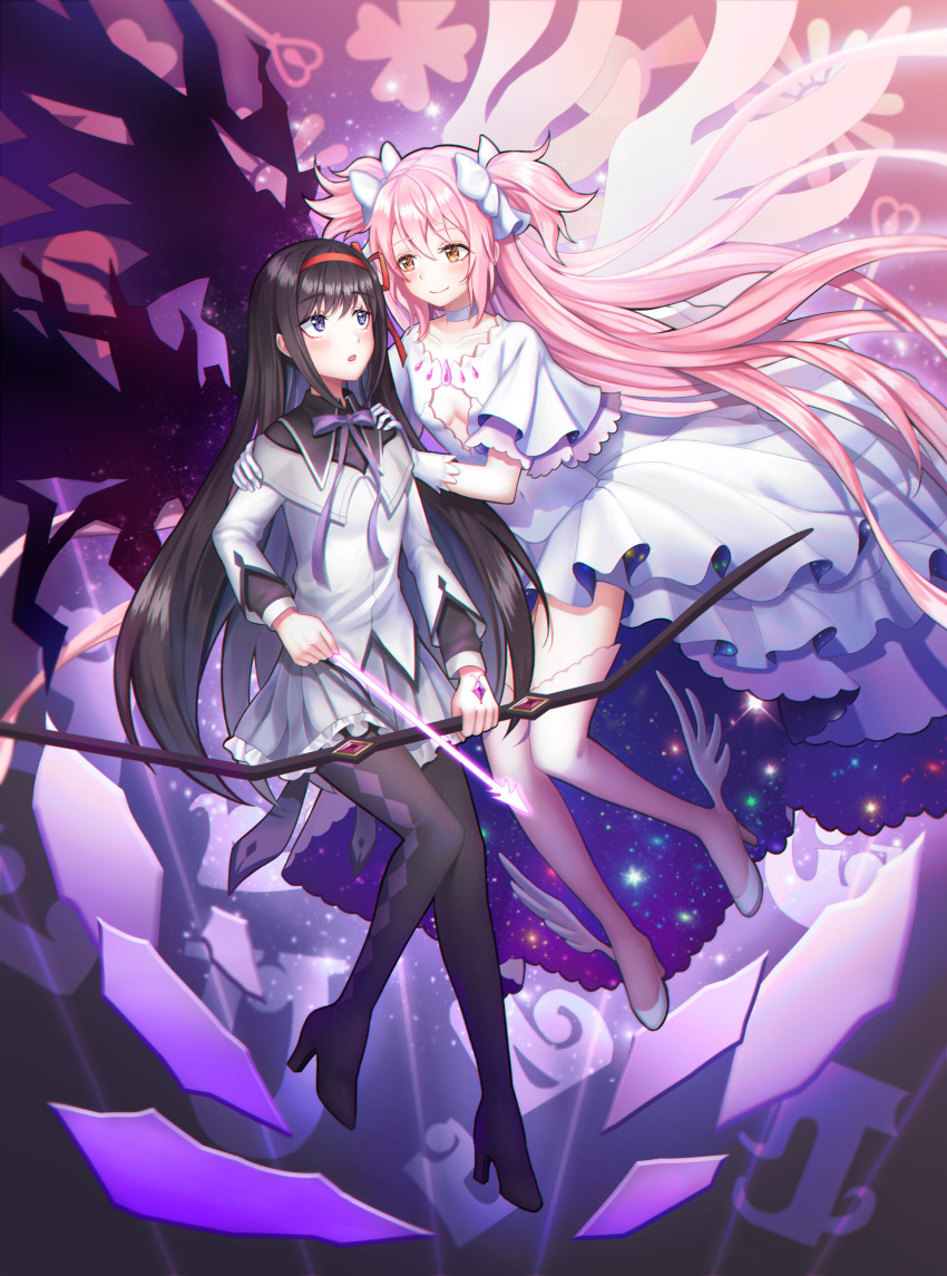 2girls, absurdres, akemi_homura, akemi_homura_(magical_girl), arrow_(projectile), black_hair, blush, bow, bow_(weapon), choker, closed_eyes, dress, gloves, goddess_madoka, hair_bow, hair_ribbon, hairband, highres, holding, holding_arrow, kaname_madoka, long_hair, magical_girl, mahou_shoujo_madoka_magica, mahou_shoujo_madoka_magica:_hangyaku_no_monogatari, multiple_girls, open_mouth, pantyhose, pink_hair, ri_ji_ni, ribbon, skirt, smile, soul_gem, thigh-highs, two_side_up, very_long_hair, violet_eyes, weapon, white_choker, white_dress, white_gloves, winged_shoes, wings, yellow_eyes