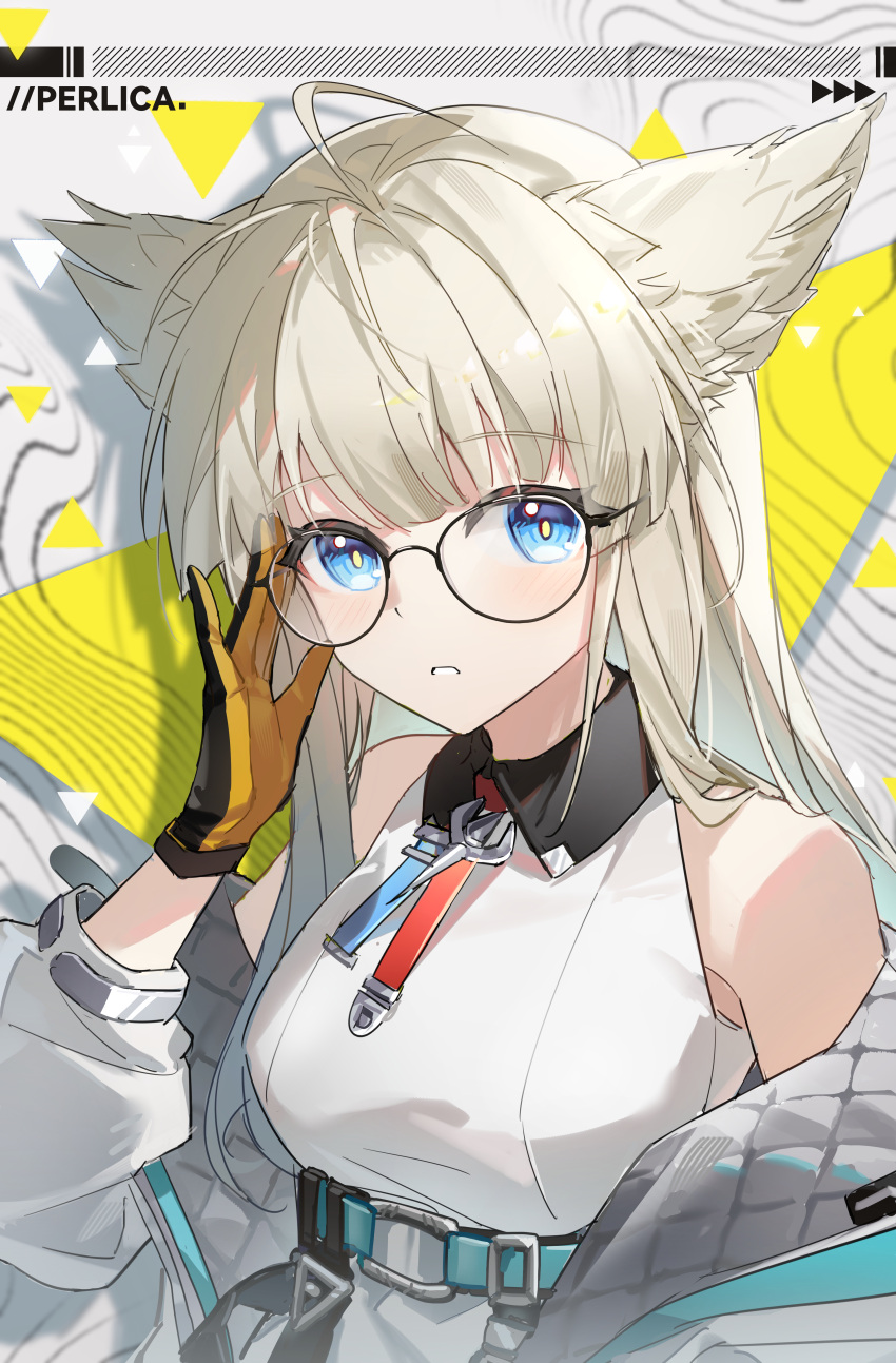 absurdres, ahoge, animal_ears, arknights, arknights:_endfield, bare_shoulders, bird_ears, bird_girl, black-framed_eyewear, blue_eyes, blunt_bangs, coat, commentary, dress, gloves, grey_hair, hakuto_kinkinko, highres, long_hair, looking_at_viewer, multicolored_gloves, off_shoulder, open_clothes, open_coat, perlica_(arknights), sidelocks, sleeveless, sleeveless_dress, two-tone_gloves, upper_body, white_coat