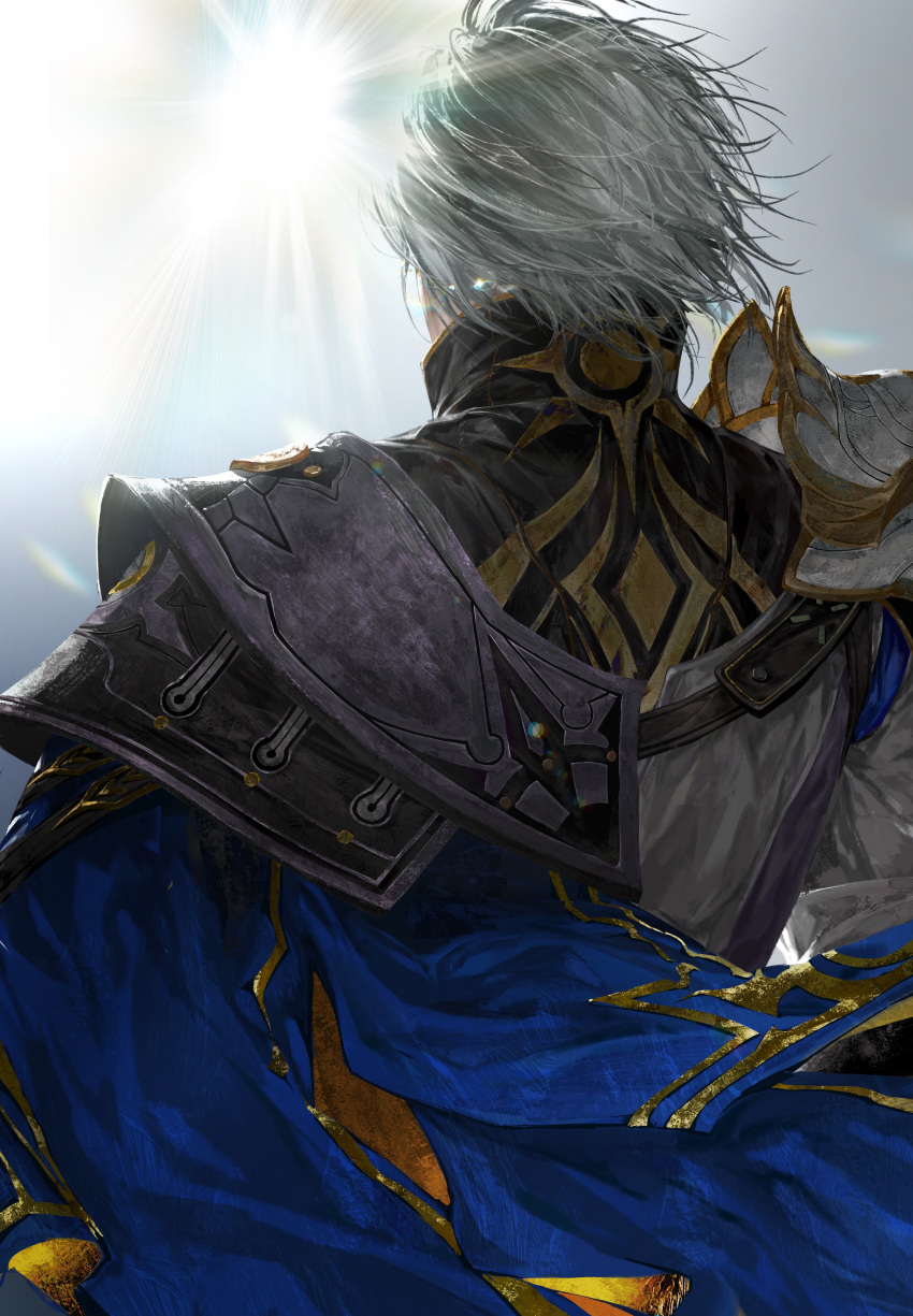 1boy, absurdres, antenna_hair, armor, black_shirt, blue_cape, blue_sky, broomhmh, cape, chinese_commentary, coat, commentary_request, from_behind, highres, honkai:_star_rail, honkai_(series), male_focus, pauldrons, phainon_(honkai:_star_rail), shirt, short_hair, shoulder_armor, side_cape, single_pauldron, sky, solo, sun_print, sunburst, sunlight, two-sided_cape, two-sided_fabric, white_coat, white_hair, yellow_cape