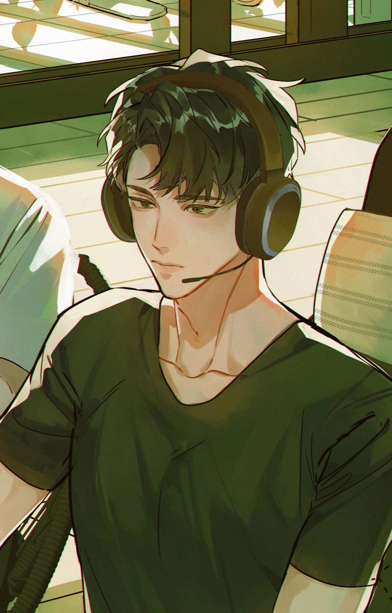 1boy, 1other, aegyo_sal, backlighting, black_eyes, black_hair, black_shirt, commentary_request