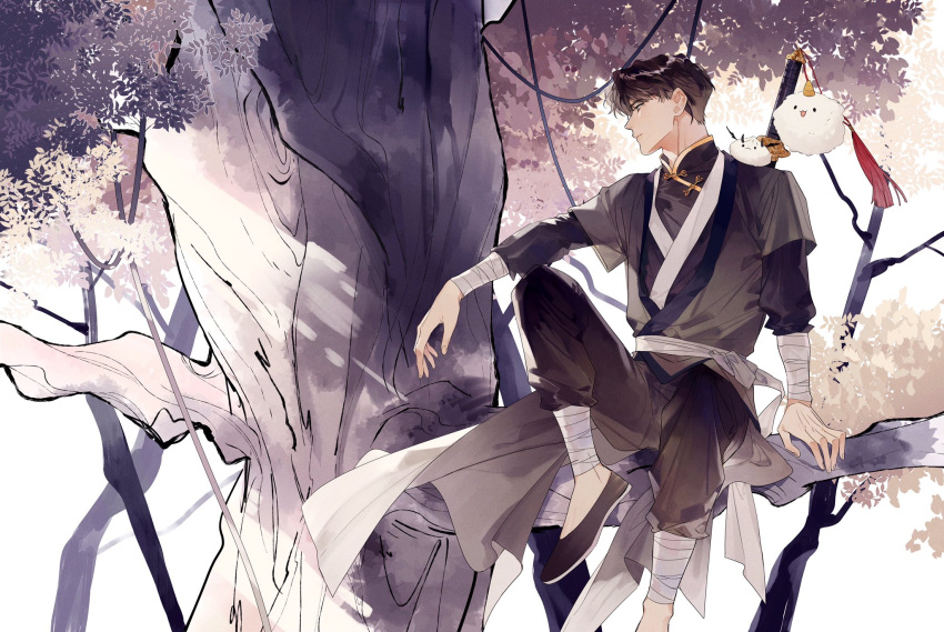 1boy, bandaged_arm, bandaged_leg, bandages, biyoo_(omniscient_reader's_viewpoint), black_hair, black_robe, clothing_request