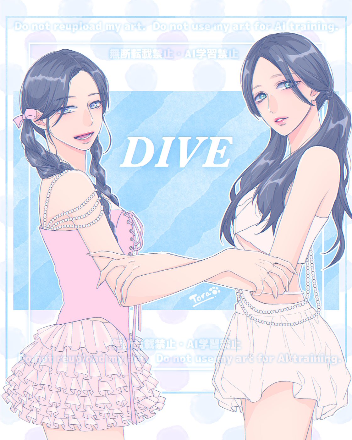 2girls, animification, aoi_toramatsu, braid, commentary_request, corset, cowboy_shot, dahyun_(twice)