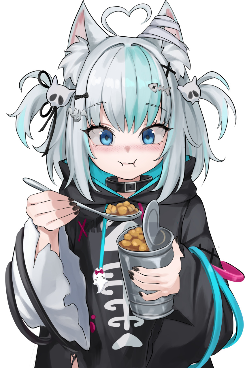1girl, absurdres, ahoge, animal_ears, beans, blue_eyes, blue_hair, blush, bondpaint, can, cat_ears, cat_girl, collar, commission, highres, hood, hoodie, indie_virtual_youtuber, multicolored_hair, nani_(vtuber), second-party_source, short_hair, spoon, two-tone_hair, two_side_up, upper_body, virtual_youtuber, white_background, white_hair