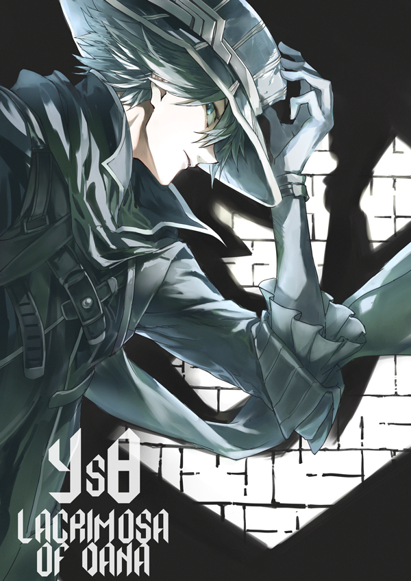 1boy, argyle_clothes, argyle_vest, black_hat, black_scarf, closed_mouth, gunblade, hand_on_headwear