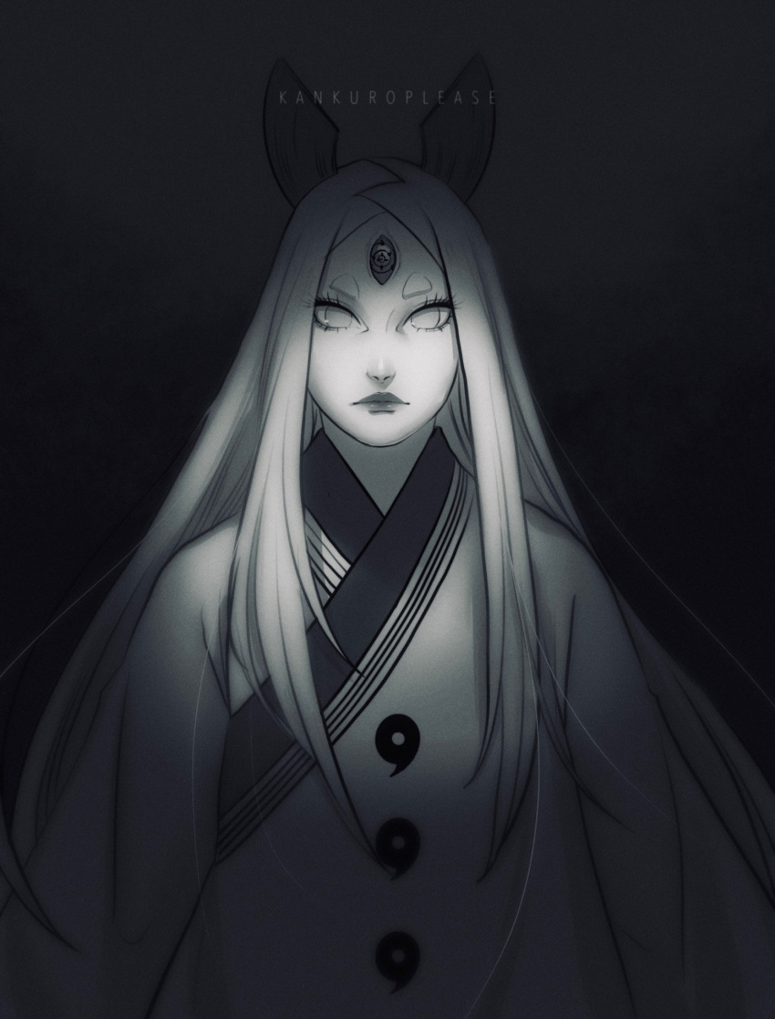 1girl, artist_name, commentary, english_commentary, fan_request, highres, horns, japanese_clothes, kankuroplease, kimono, long_hair, muted_color, naruto_(series), naruto_shippuuden, no_pupils, ootsutsuki_kaguya, rinne_sharingan, solo, third_eye, upper_body, very_long_hair, white_eyes, white_hair, white_horns, white_kimono