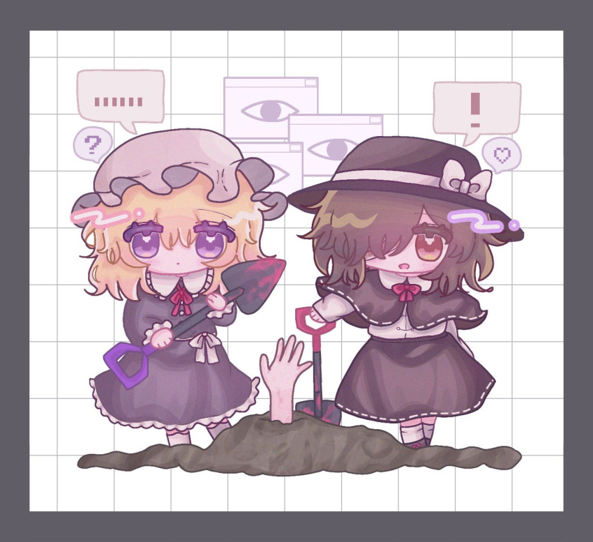 !, ..., 2girls, :o, ?, black_capelet, black_hat, black_shoes