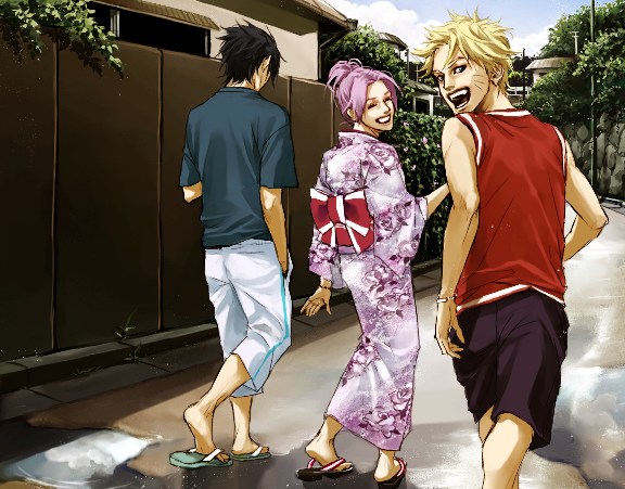 japanese_clothes, kimono, lily_(artist), naruto, sandals, team7, team_7, uchiha_sasuke, uzumaki_naruto