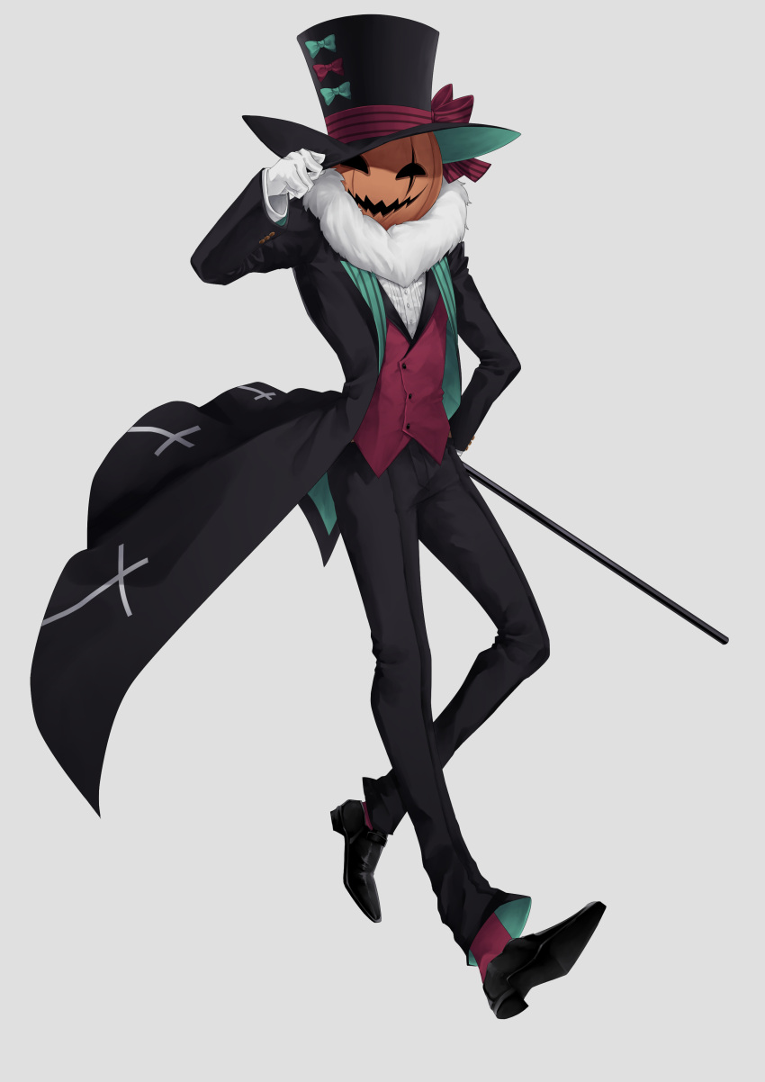 1boy, absurdres, black_pants, black_shoes, bow, buttons, cane, coat