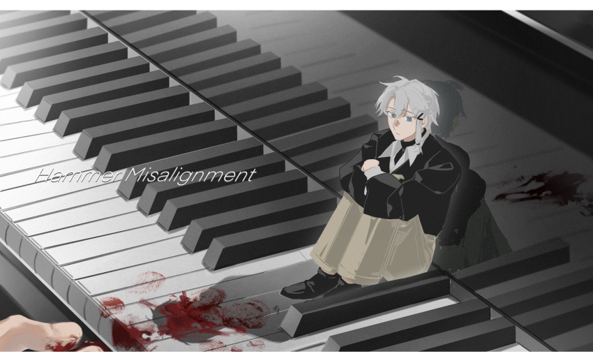 1boy, blood, blue_eyes, braid, english_text, frown, highres, instrument