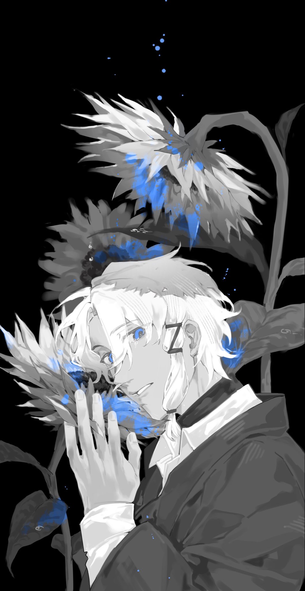 black_background, blue_eyes, braid, commentary_request, flower, highres, jacket, kagurabachi, looking_to_the_side, male_focus, monochrome, sazanami_hakuri, short_hair, sidelocks, sunflower, v-neck, ycyy