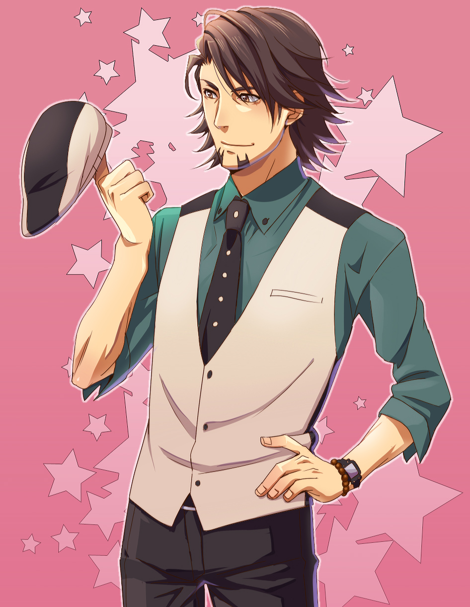 bracelet, brown_eyes, brown_hair, cabbie_hat, facial_hair, hand_on_hip, hariyama_(pixiv320286), hariyama_(toubou_tengoku)