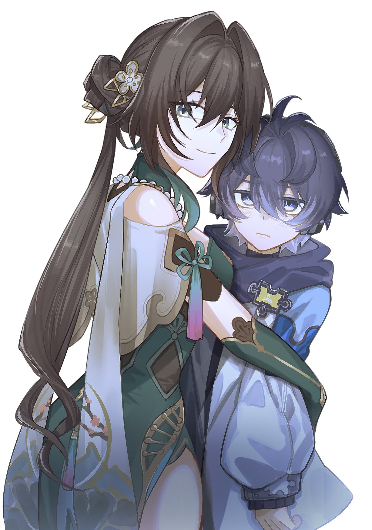 1boy, 1girl, antenna_hair, aqua_eyes, badge, black_hair, blue_eyes, clothing_cutout