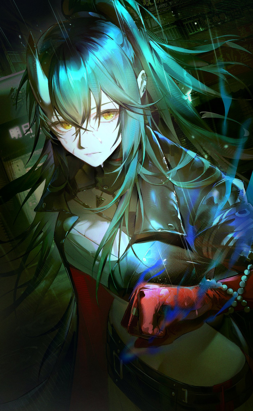1girl, arknights, closed_mouth, fsuusux, green_hair, high_ponytail, highres, horns