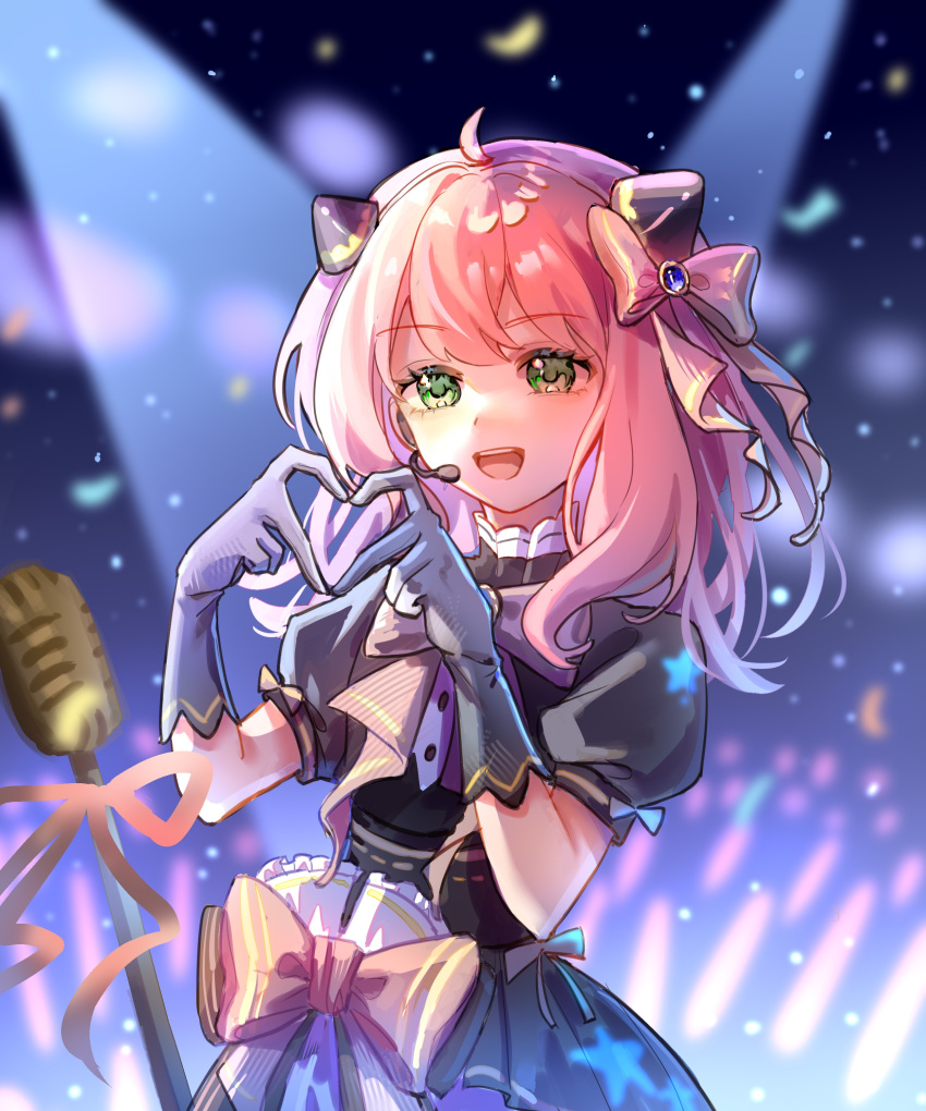 1girl, :d, absurdres, anya_(spy_x_family), black_dress, blurry, blurry_background, bow