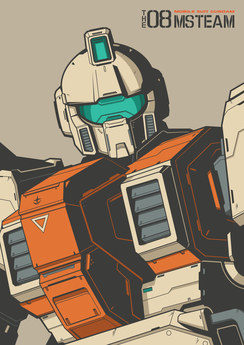 absurdres, assault_visor, brown_background, copyright_name, earth_federation, green_visor, ground_gm, gundam, gundam_08th_ms_team, highres, mecha, mecha_focus, mobile_suit, no_humans, robot, science_fiction, simple_background, solo, upper_body, voxiela