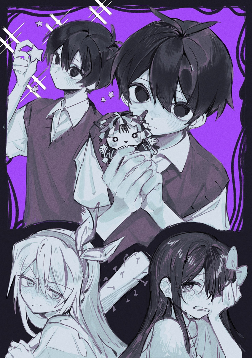 1boy, 1girl, antenna_hair, aubrey_(faraway)_(omori), aubrey_(omori), baseball_bat, bow, collared_shirt