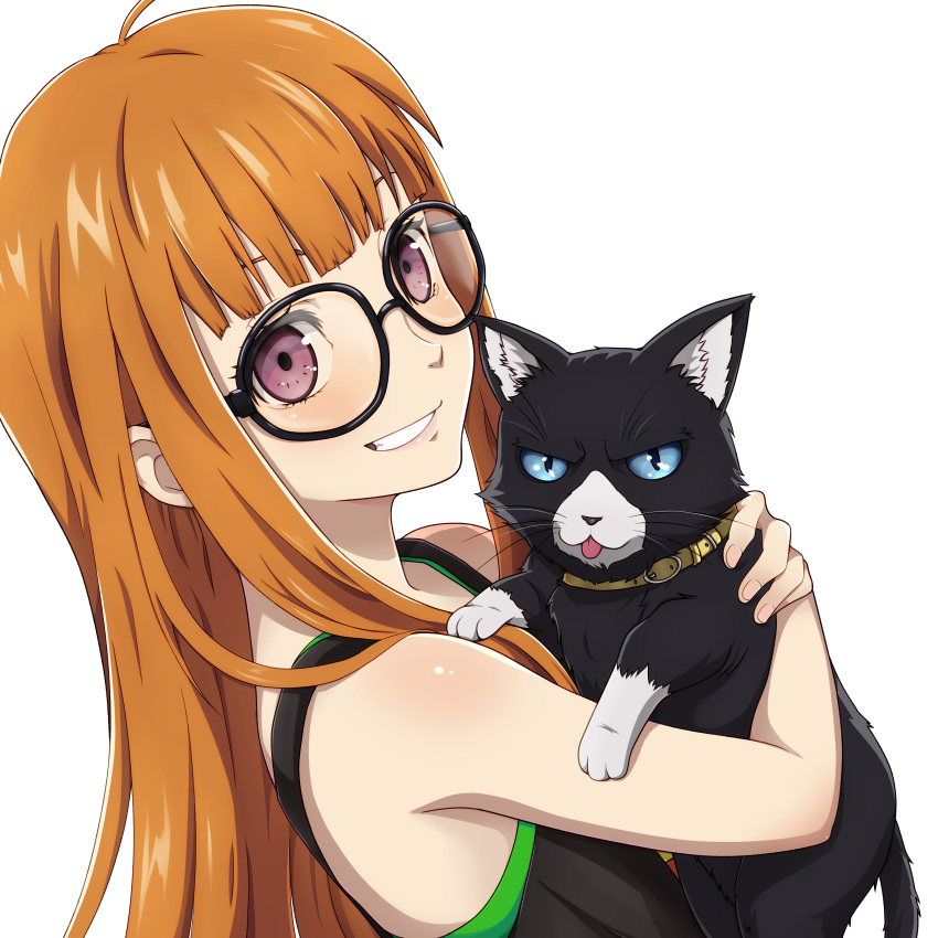 1girl, absurdres, ahoge, animal, black-framed_eyewear, black_cat, black_tank_top, blue_eyes, blunt_bangs, cat, glasses, grin, highres, holding, holding_animal, holding_cat, long_hair, looking_at_viewer, morgana_(cat)_(persona_5), morgana_(persona_5), novitalemmon, orange_hair, persona, persona_5, sakura_futaba, simple_background, smile, tank_top, transparent_background, upper_body, very_long_hair, violet_eyes