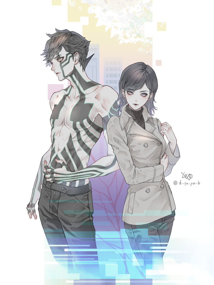1boy, 1girl, artist_name, black_hair, black_pants, body_markings, branch, building