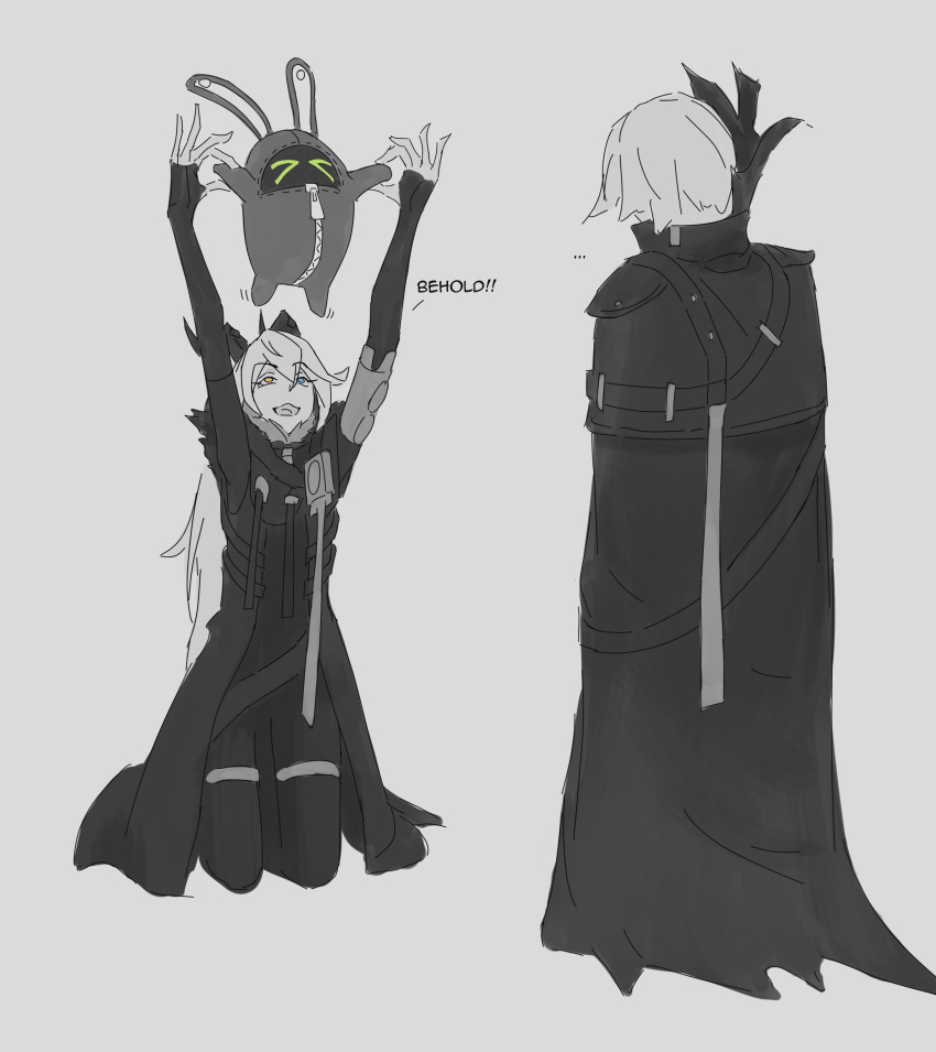 ..., 1boy, 1girl, absurdres, arms_up, bangboo_(zenless_zone_zero), black_coat, black_fur