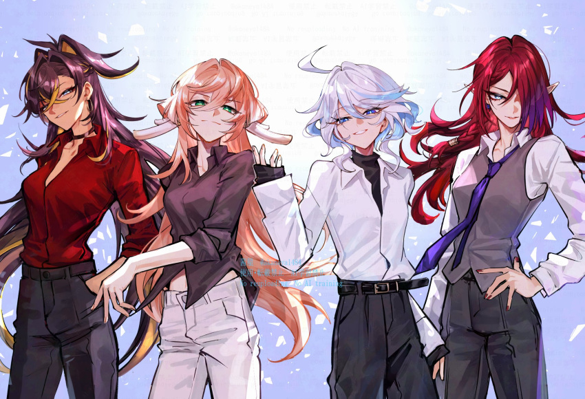 4girls, ahoge, akaneya_(akaneya1484), antenna_hair, antlers, artist_name, belt, belt_buckle