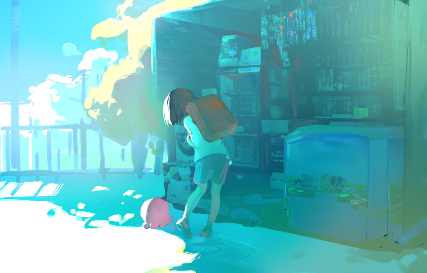 1girl, akatsukireii, backpack, bag, commentary_request, creature, day, freezer
