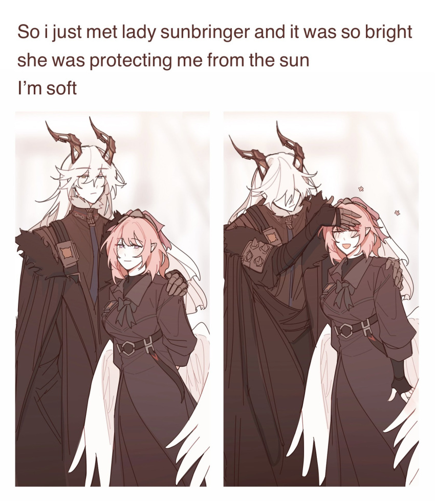 2girls, arms_behind_back, black_coat, black_horns, black_wings, blurry, blurry_background, closed_eyes