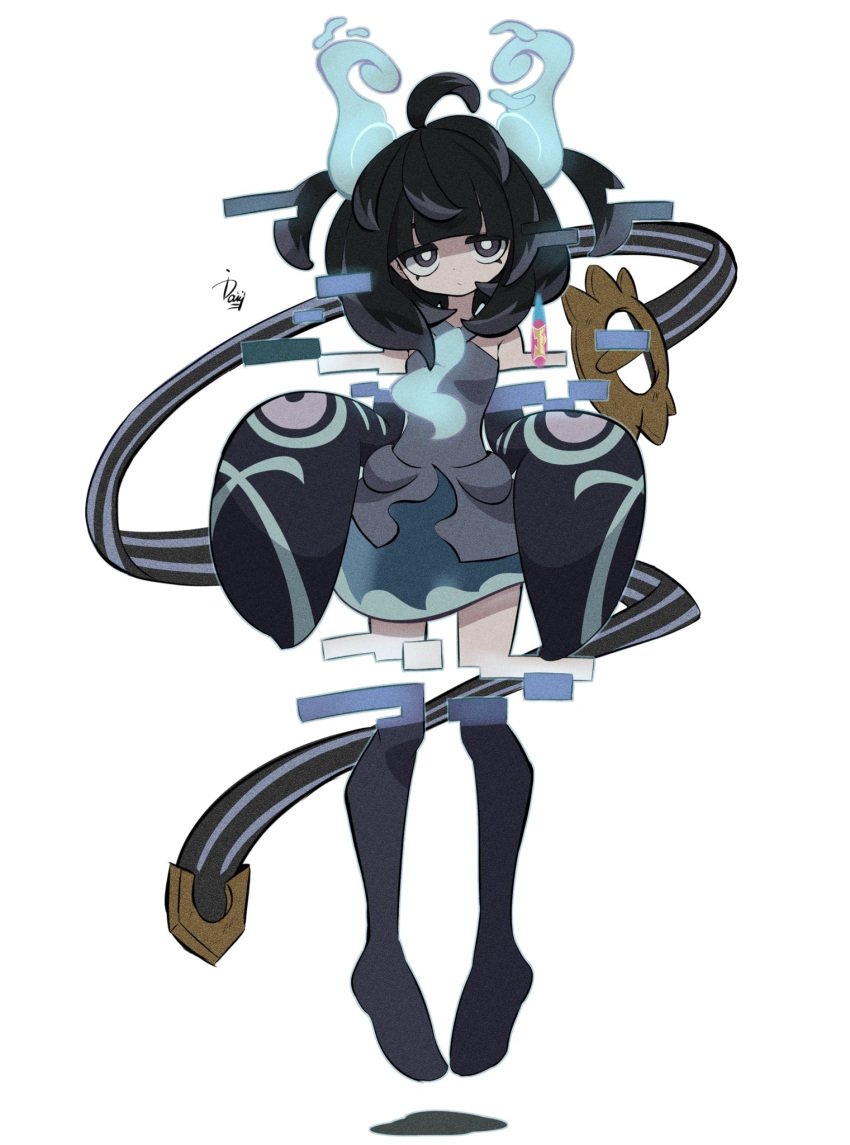 1girl, ahoge, belt, black_eyes, black_hair, black_thighhighs, blunt_bangs, closed_mouth