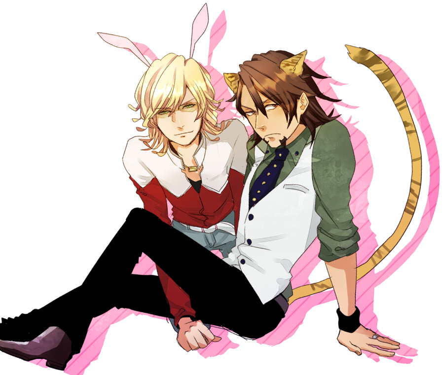 2boys, 325_(im24), animal_ears, barnaby_brooks_jr, blonde_hair, brown_eyes, brown_hair, bunny_ears