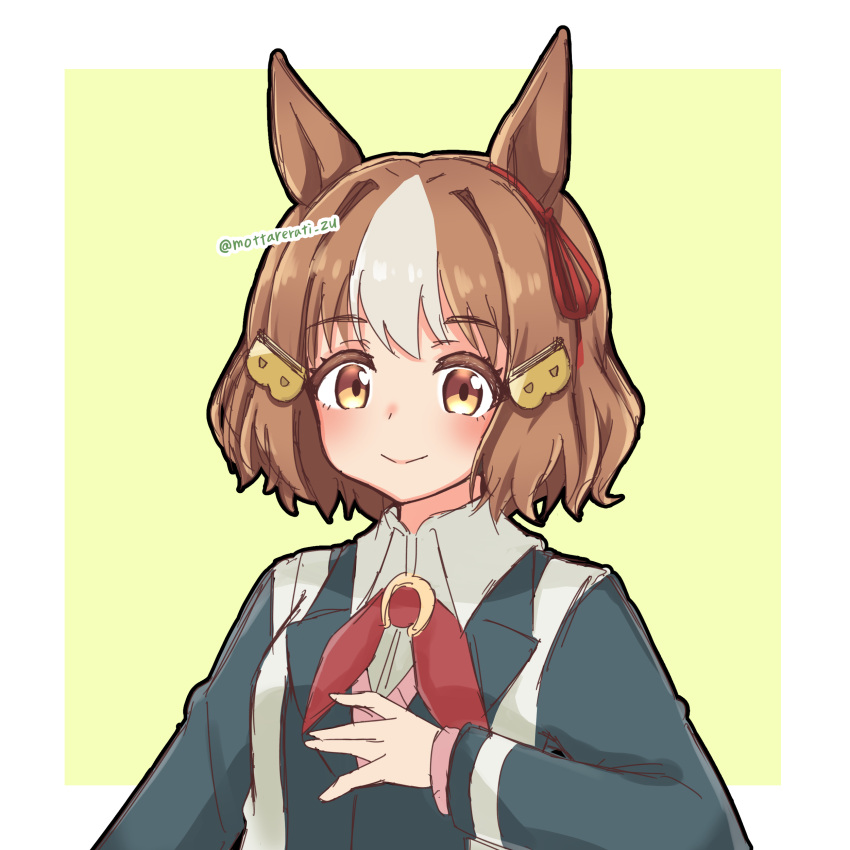 1girl, absurdres, animal_ears, belno_light_(umamusume), blush, breasts, brown_hair, cardigan