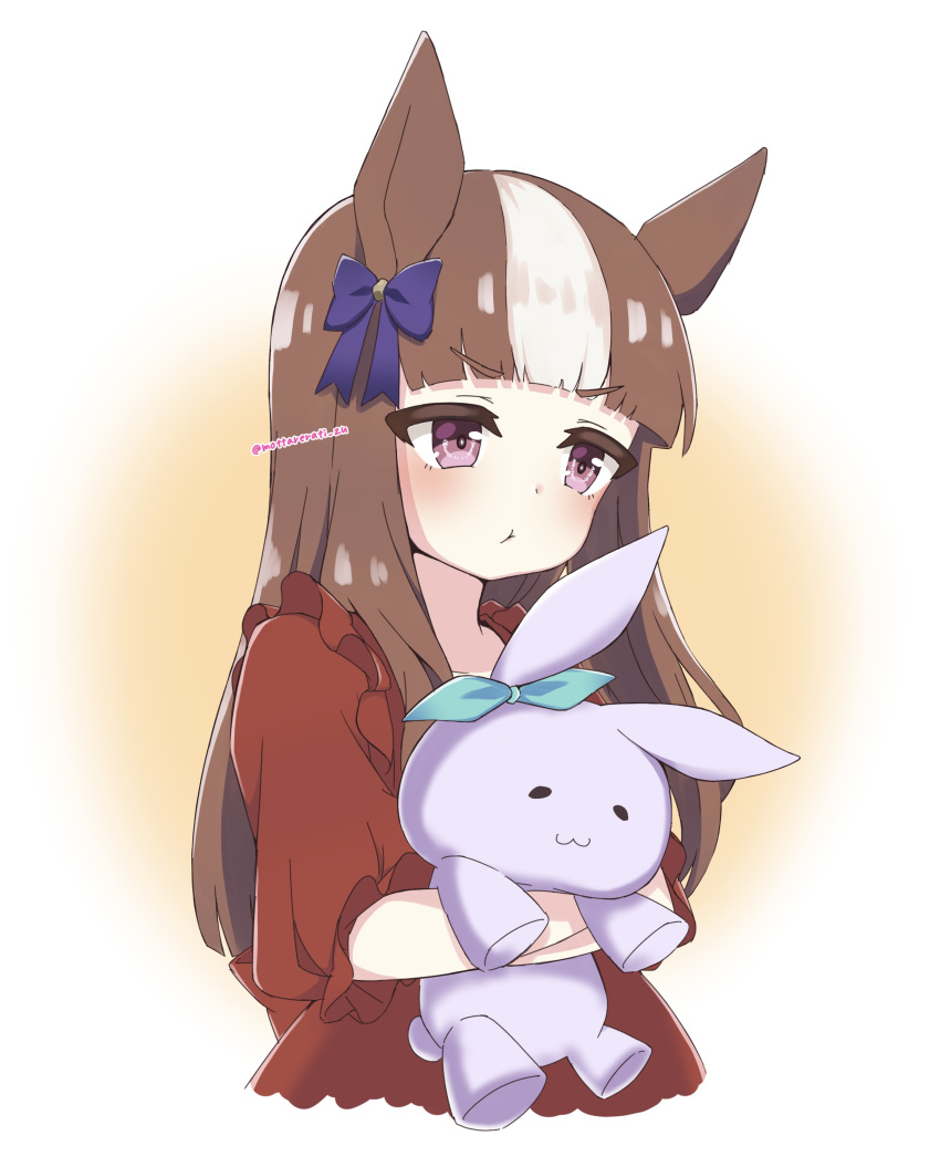 1girl, absurdres, aged_down, animal_ears, blunt_bangs, blush, bow, brown_hair