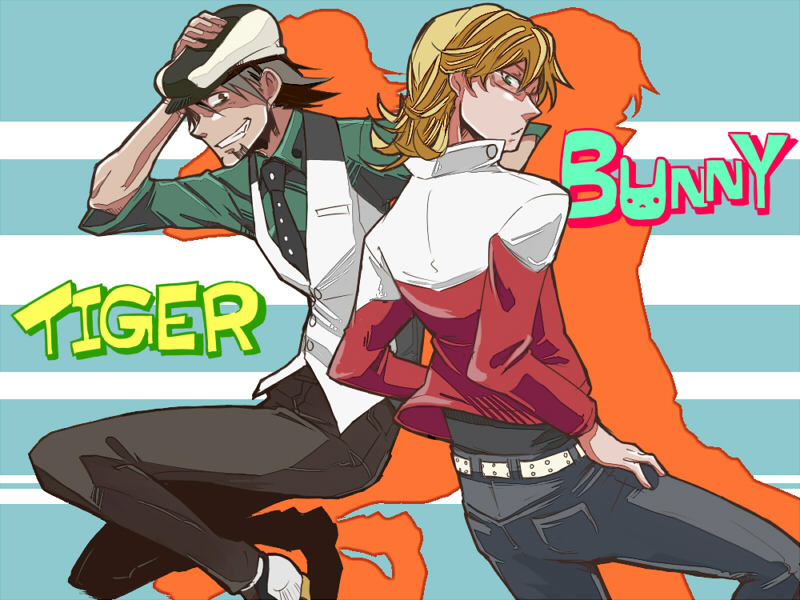 barnaby_brooks_jr, belt, blonde_hair, brown_eyes, brown_hair, cabbie_hat, facial_hair, glasses, green_eyes, hands_on_hips, hat, jacket, kaburagi_t_kotetsu, male, multiple_boys, necktie, red_jacket, short_hair, stubble, studded_belt, takayoi, tiger_&amp;_bunny, vest