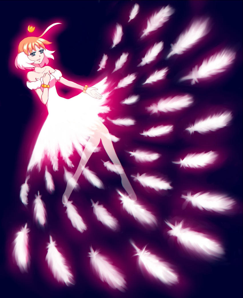 1girl, ahiru_(princess_tutu), ahoge, bare_shoulders, blue_eyes, collarbone, crown, dress, english_commentary, feathers, full_body, glowing, hand_on_own_chest, highres, magical_girl, mini_crown, multicolored_hair, nietanya, orange_hair, princess_tutu, princess_tutu_(character), purple_background, solo, two-tone_hair, white_dress, white_feathers, white_hair