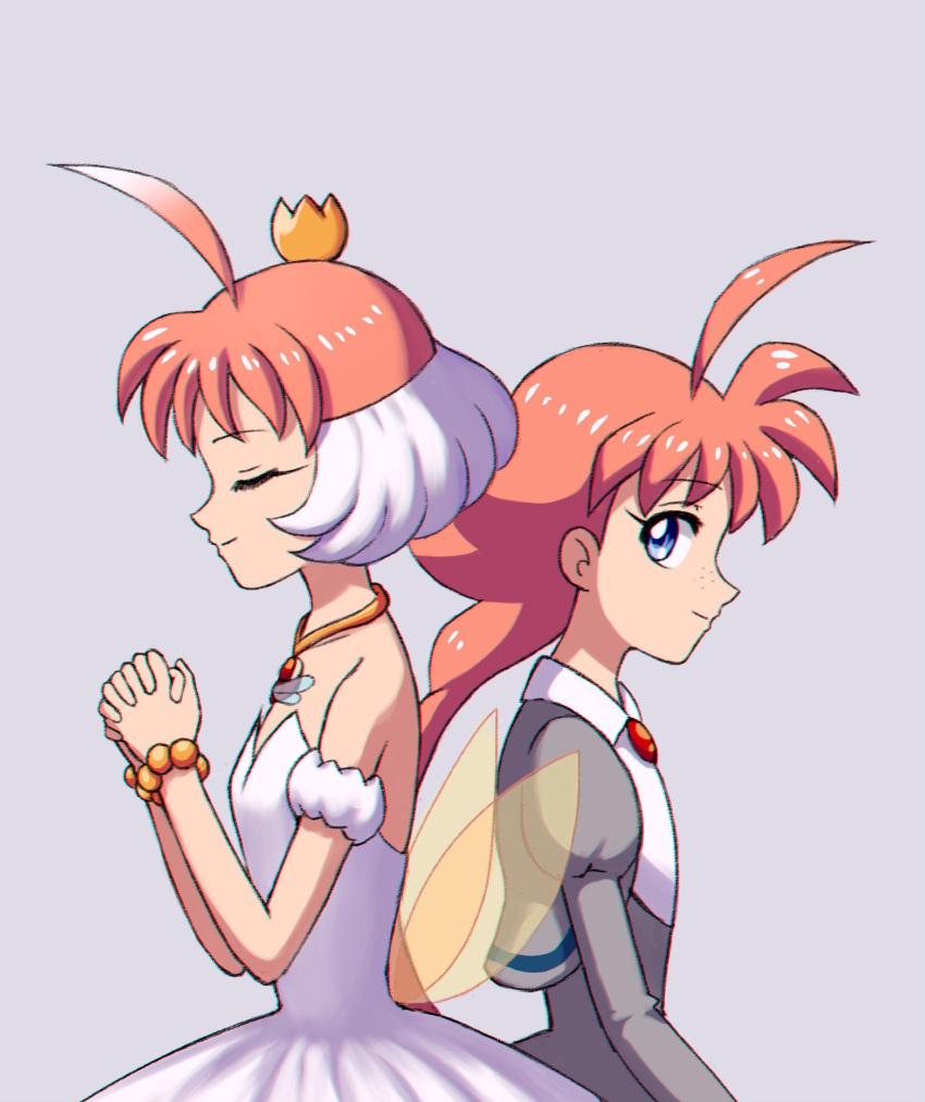 2girls, ahiru_(princess_tutu), ahoge, ballerina, bare_shoulders, blue_eyes, closed_eyes, closed_mouth