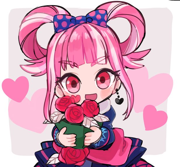 1girl, :d, blunt_bangs, bouquet, bow, commentary_request, dress, earrings