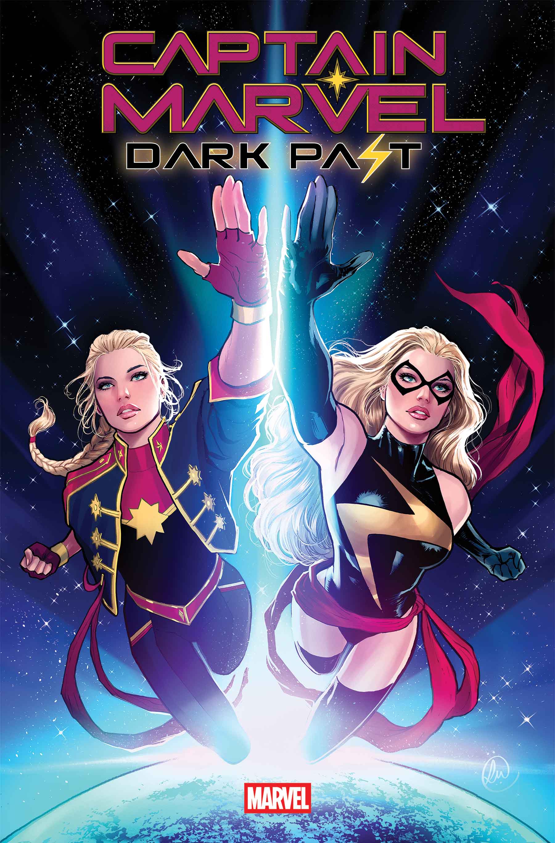 1girl, absurdres, aqua_eyes, black_bodysuit, black_gloves, black_leotard, black_thighhighs, blonde_hair, blue_bodysuit, blue_jacket, bodysuit, braid, captain_marvel_(marvel), carol_danvers, character_name, clenched_hand, comic_cover, company_name, copyright_logo, copyright_name, cover, cover_page, domino_mask, dual_persona, elbow_gloves, english_text, eye_mask, fingerless_gloves, flying, gloves, hair_pulled_back, highres, jacket, leotard, lightning_bolt_symbol, logo, long_hair, looking_ahead, lukas_werneck, marvel, mask, ms._marvel, multicolored_bodysuit, multicolored_jacket, official_alternate_costume, official_art, parted_lips, planet, red_bodysuit, red_gloves, red_jacket, red_sash, sash, space, sparkle, superhero_costume, thigh-highs, western_comics_(style), yellow_trim