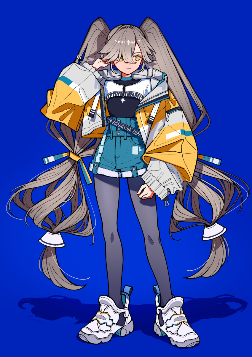 1girl, black_pantyhose, blue_background, blue_shorts, bright_pupils, cropped_jacket, grey_hair, hair_between_eyes
