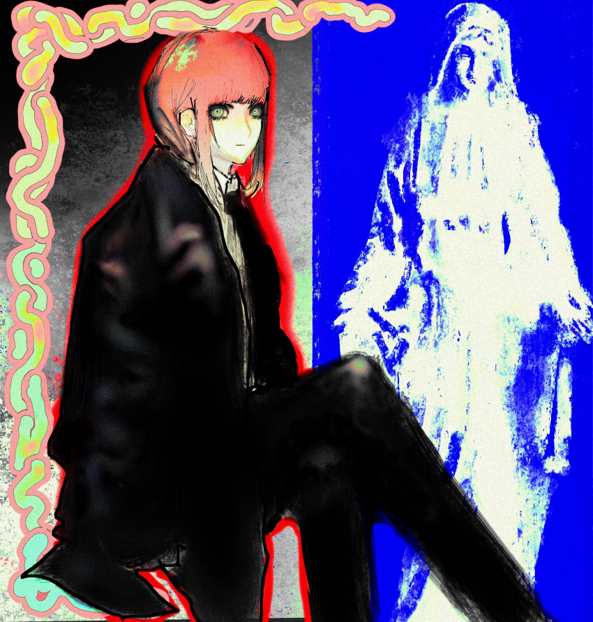 1girl, black_coat, black_pants, blunt_bangs, chainsaw_man, coat, cowboy_shot, crossed_legs