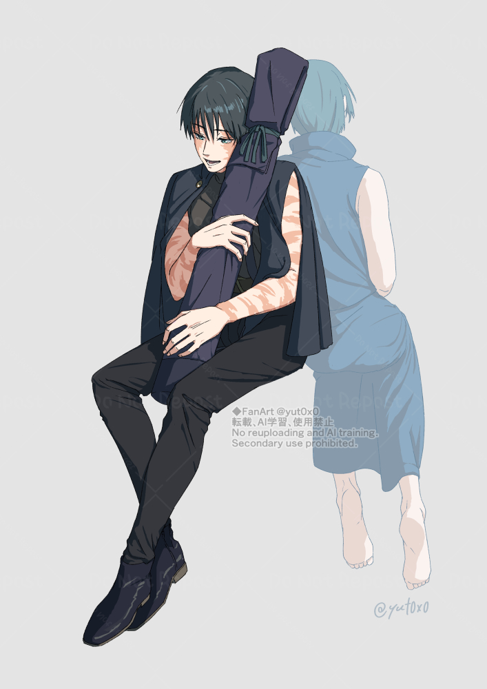 2girls, barefoot, black_shoes, burn_scar, full_body, ghost, green_hair, grey_background