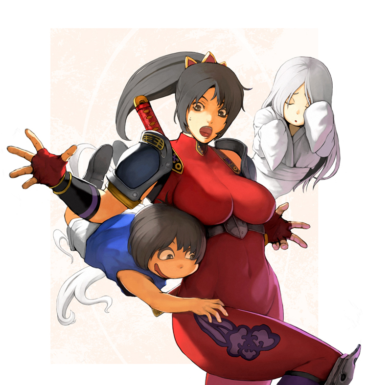 age_difference, bad_id, black_eyes, black_hair, bodysuit, breasts, child, elbow_gloves