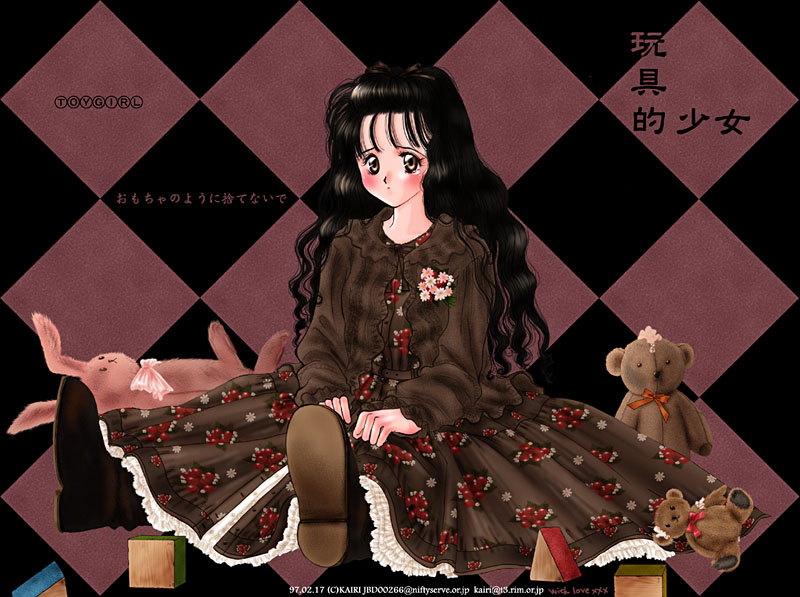 1girl, artist_name, bad_id, black_hair, boots, brown_boots, brown_dress, brown_eyes
