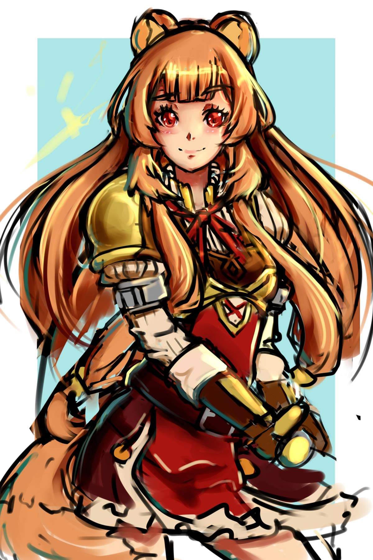 1girl, alternate_breast_size_(smaller), animal_ear_fluff, animal_ears, armor, belt, blue_background, blunt_bangs
