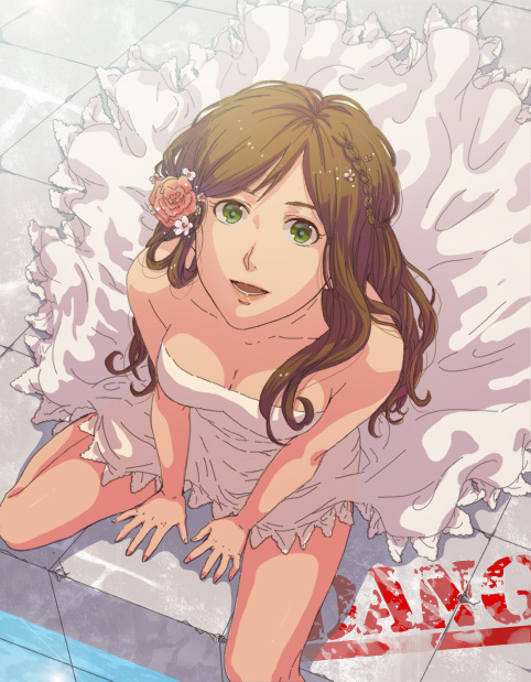 axis_powers_hetalia, bare_shoulders, between_legs, braid, breasts, brown_hair, cleavage, down_blouse
