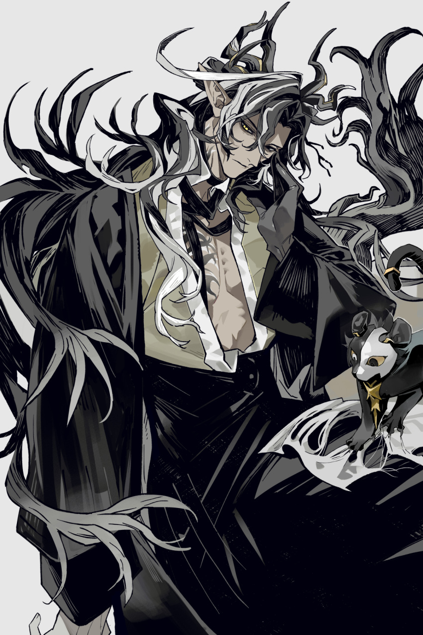 1boy, arknights, black_coat, black_eyes, black_hair, chest_tattoo, chinese_clothes, closed_mouth