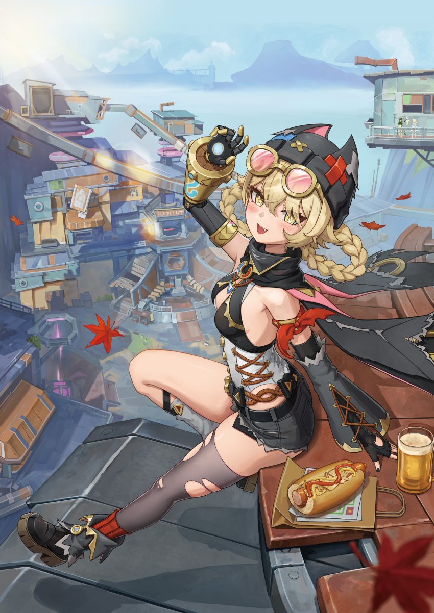 absurdres, asymmetrical_legwear, autumn_leaves, beer_mug, black_nails, black_shorts, blonde_hair, braid, braided_hair_rings, breasts, cup, detached_sleeves, fang, genshin_impact, goggles, goggles_on_head, hair_rings, hat, highres, hot_dog, jahoda_(genshin_impact), leaf, lumine_(genshin_impact), mechanical_arms, mismatched_legwear, moonui, mug, nefer_(genshin_impact), on_roof, paimon_(genshin_impact), prosthesis, prosthetic_arm, shorts, single_detached_sleeve, single_mechanical_arm, single_thighhigh, sitting, sitting_on_roof, small_breasts, star-shaped_pupils, star_(symbol), symbol-shaped_pupils, thigh-highs, town, yellow_eyes