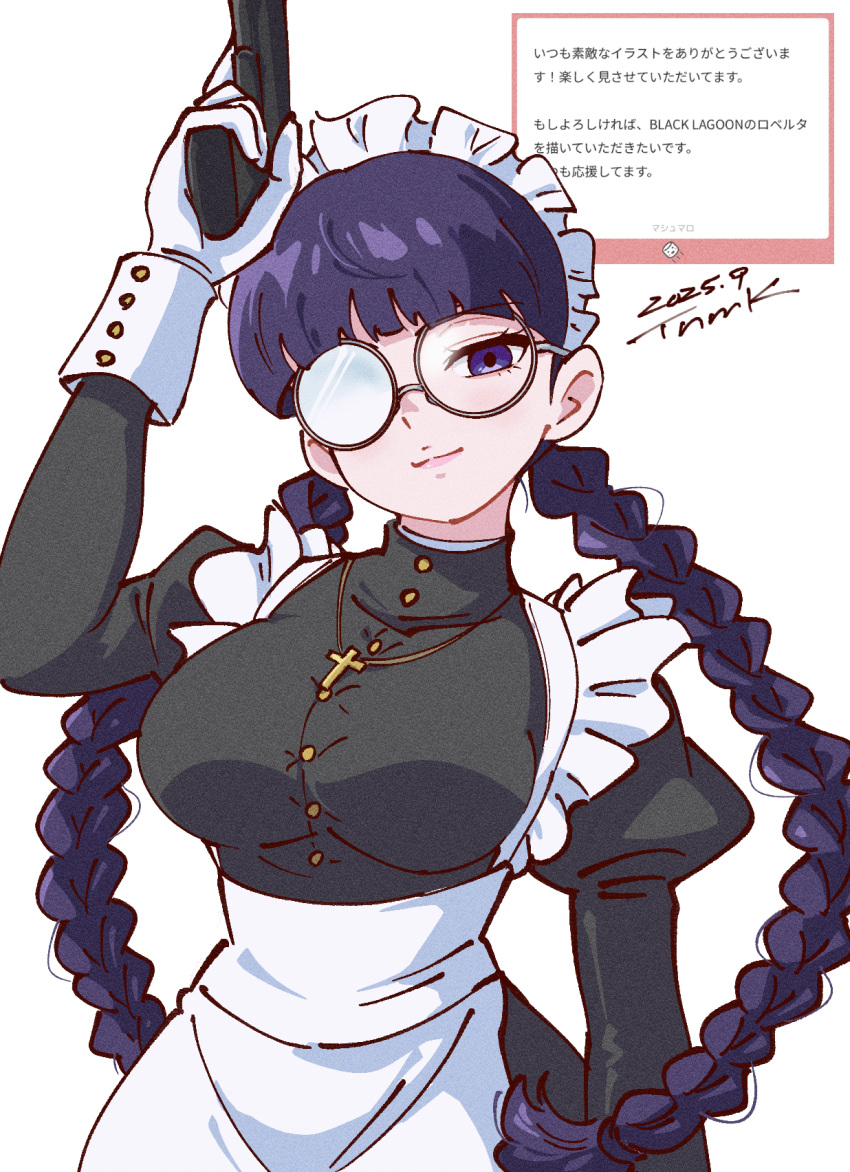 1girl, 2025, apron, black_dress, black_lagoon, bob_cut, braid, breasts